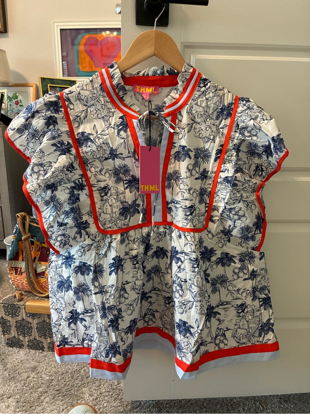 THML White & Blue Printed Flutter Sleeve Top with Orange Trim. SALE !!! - Picture 2 of 5